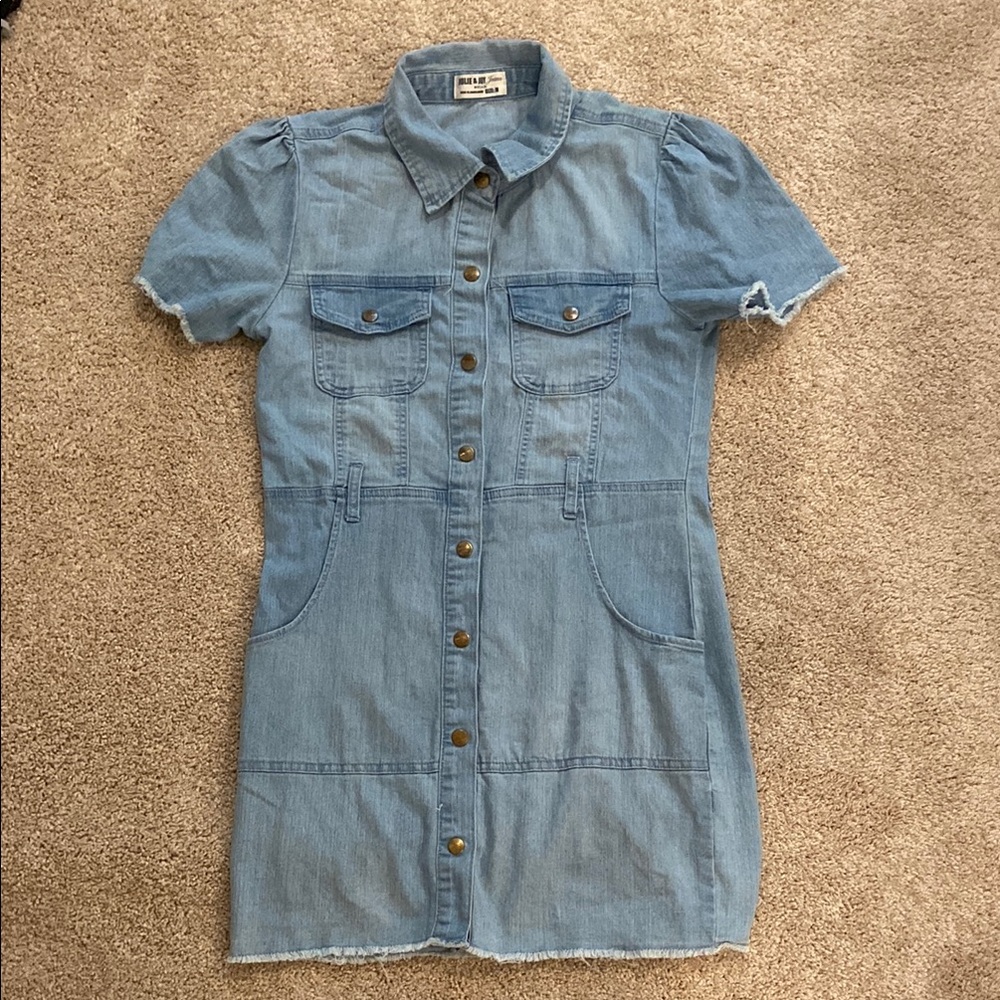 Blue Casual Mini Puff Sleeve Shirt Dress